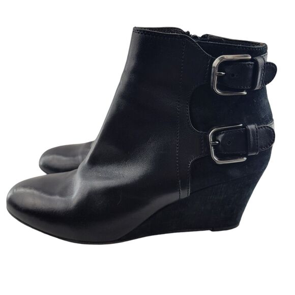 AGL Wedge Heel Ankle Booties Womens 37.5 7.5 Black Leather Rocker Glam Buckles - Picture 8 of 13